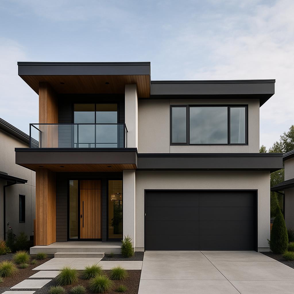 A contemporary home in Abbotsford with green landscaping