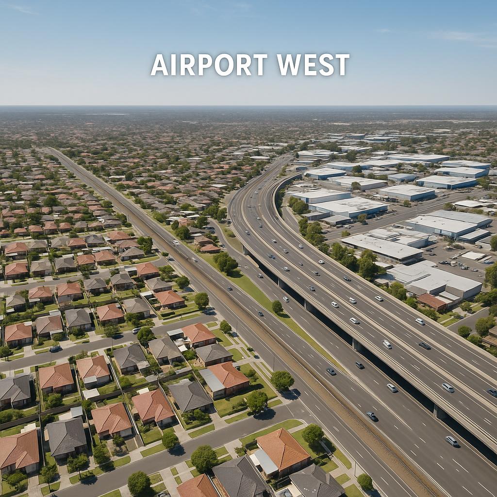 Aerial view of Airport West with visible transport and residential zones