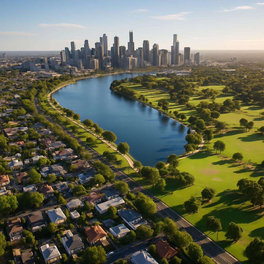 Aerial view of Albert Park with Melbourne skyline