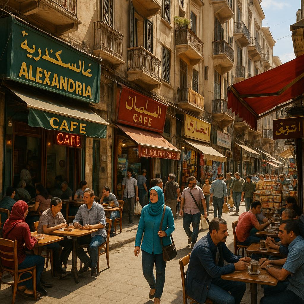 Buslting street scene in Alexandria with cafes and local shops.