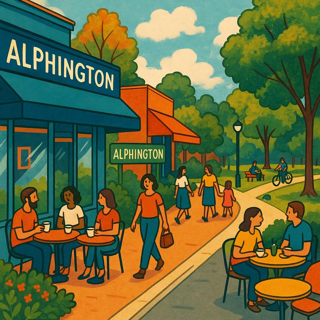 Streetscape of Alphington featuring community spaces and cafes