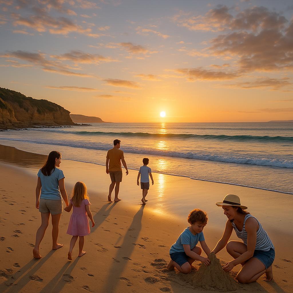 Families enjoying Anglesea Beach at sunrise