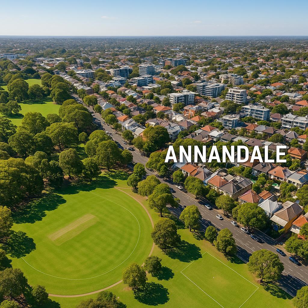 Aerial view of Annandale with green spaces and residential areas