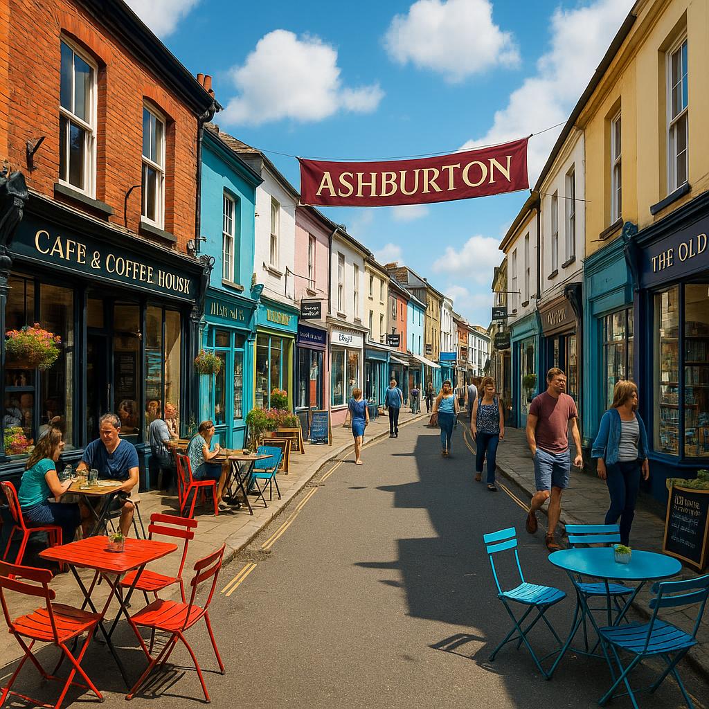 Ashburton street with cafés, shops, and pedestrian activity