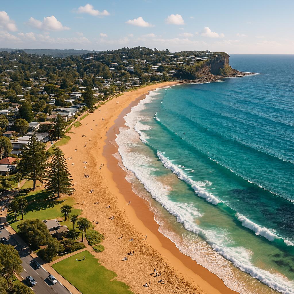 Aerial view of Avalon Beach with stunning coastline and families enjoying the beach.
