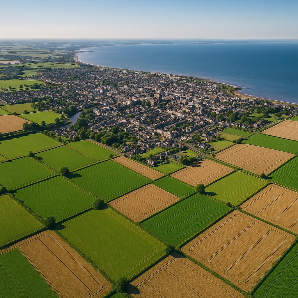 Aerial view showcasing Ayr's lush landscapes and community.