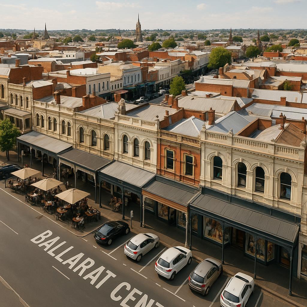 A vibrant aerial view of Ballarat Central filled with cafes and shops