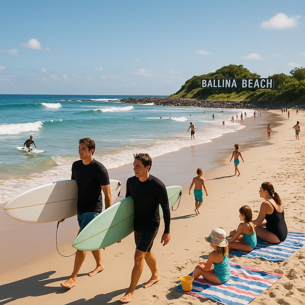 Scenic view of Ballina Beach with surfers