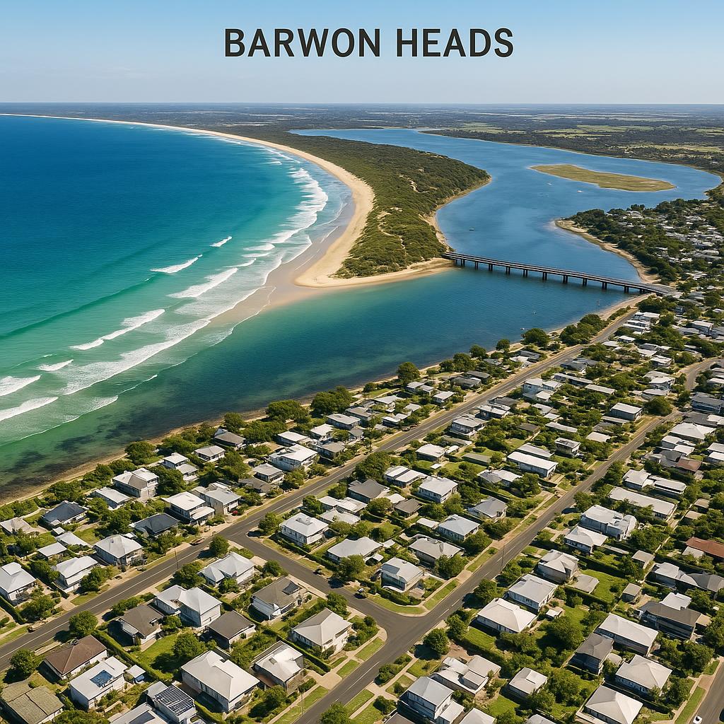 Aerial view of Barwon Heads with beaches and parks
