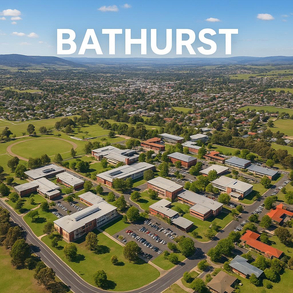 Aerial view of Bathurst, a regional university city in New South Wales.