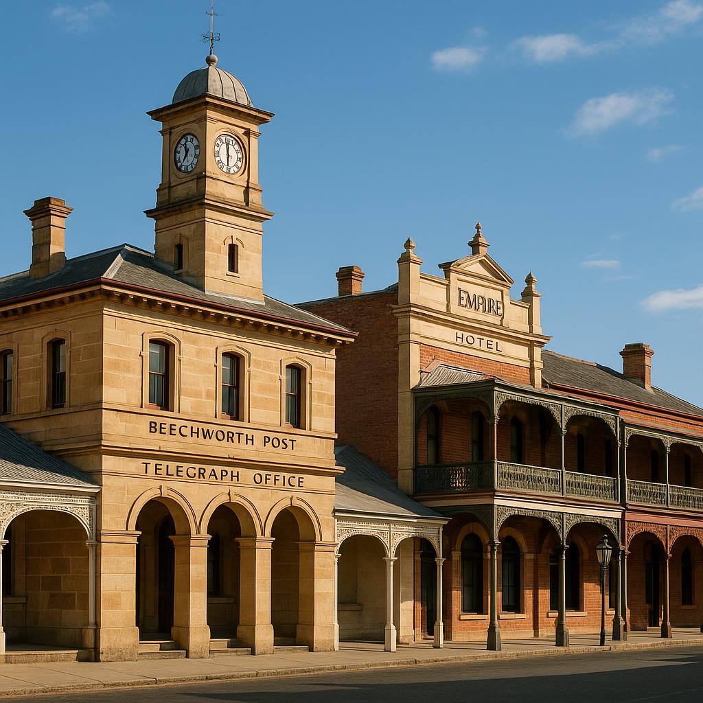 Historic buildings in Beechworth with scenic surroundings