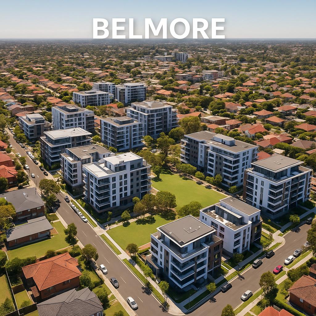 Aerial view of Belmore with new residential buildings