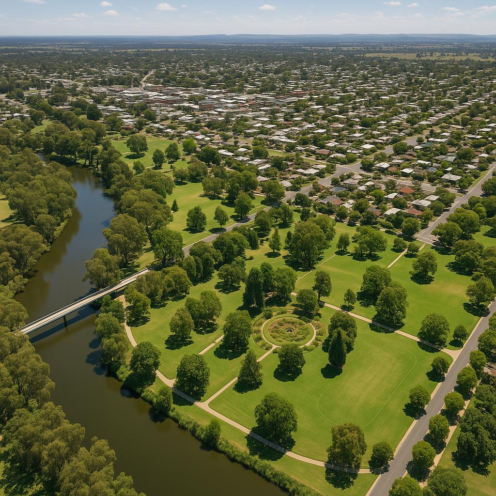 Aerial view of Benalla with parks and open spaces