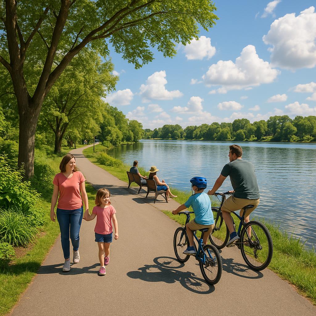 Scenic waterfront walking path in Beveridge.