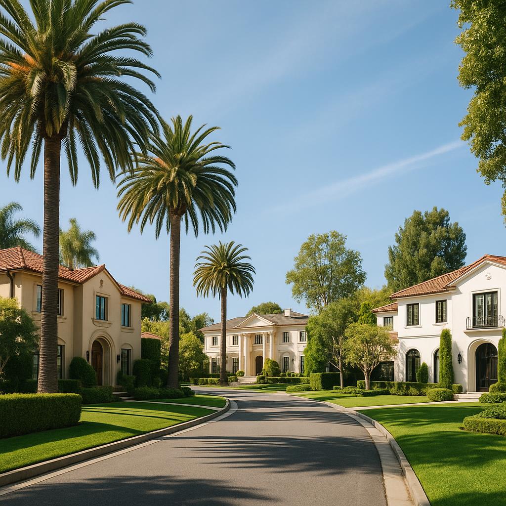 Vibrant Beverly Hills street with upscale homes
