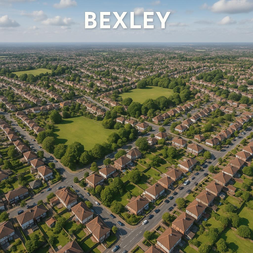 Aerial view of Bexley with green parks and homes