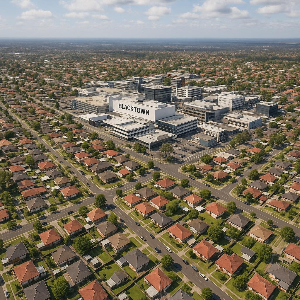 Aerial view showcasing Blacktown suburb with parks and residential areas
