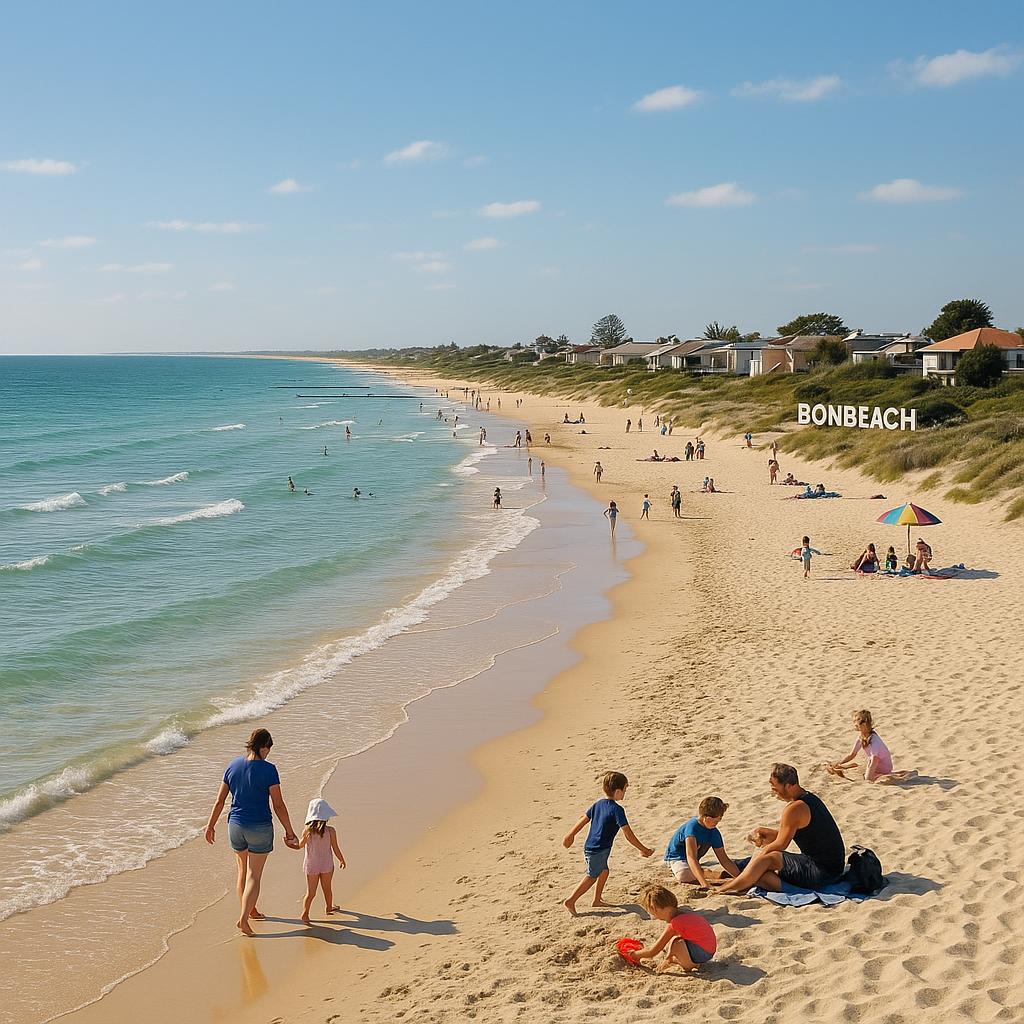 Bonbeach coastline with families at the beach