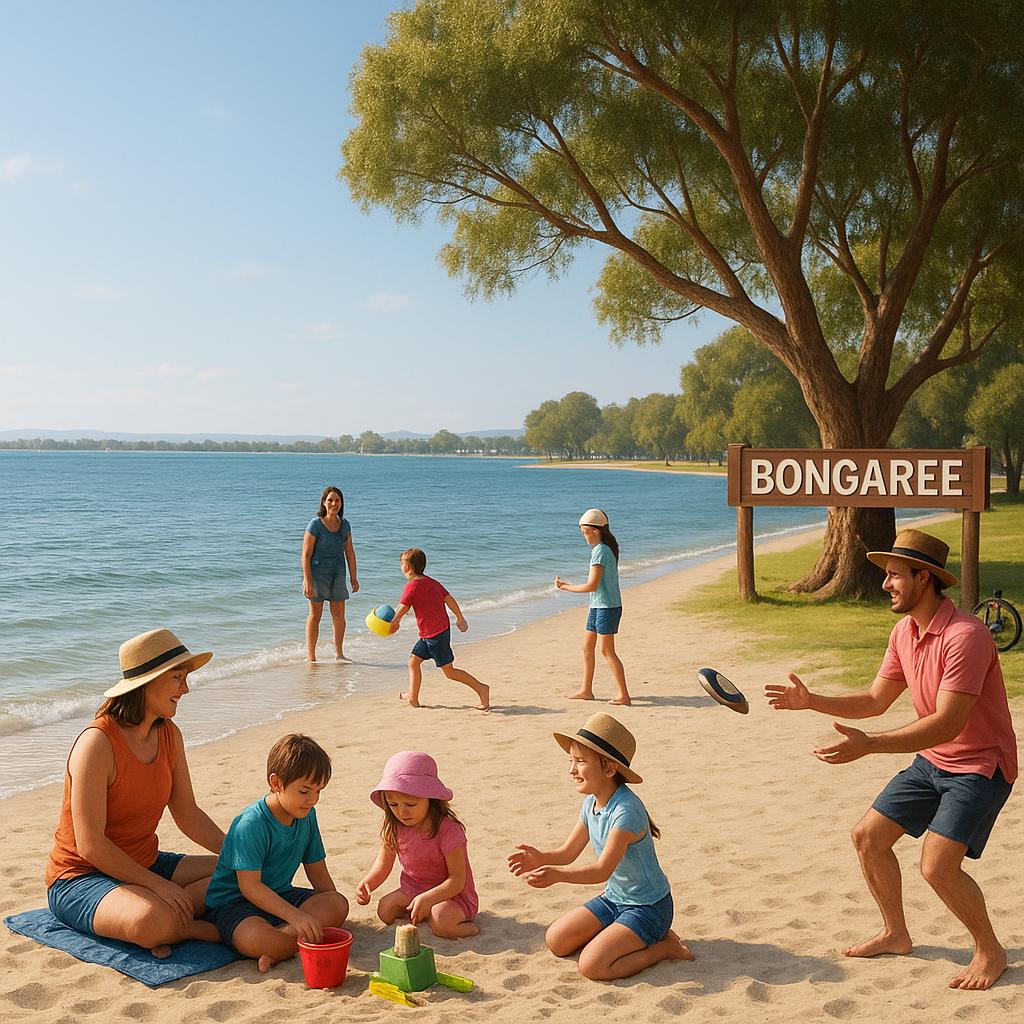 Families enjoying Bongaree beach activities