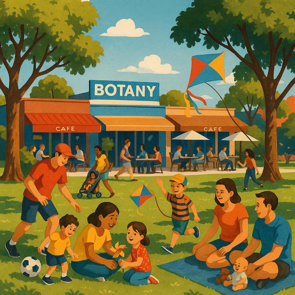 Local park in Botany filled with families and cafes nearby.