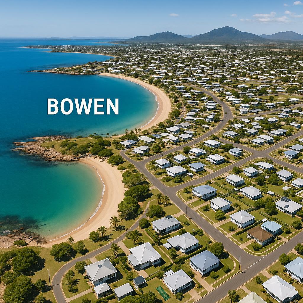 Aerial view of Bowen with beaches and homes.