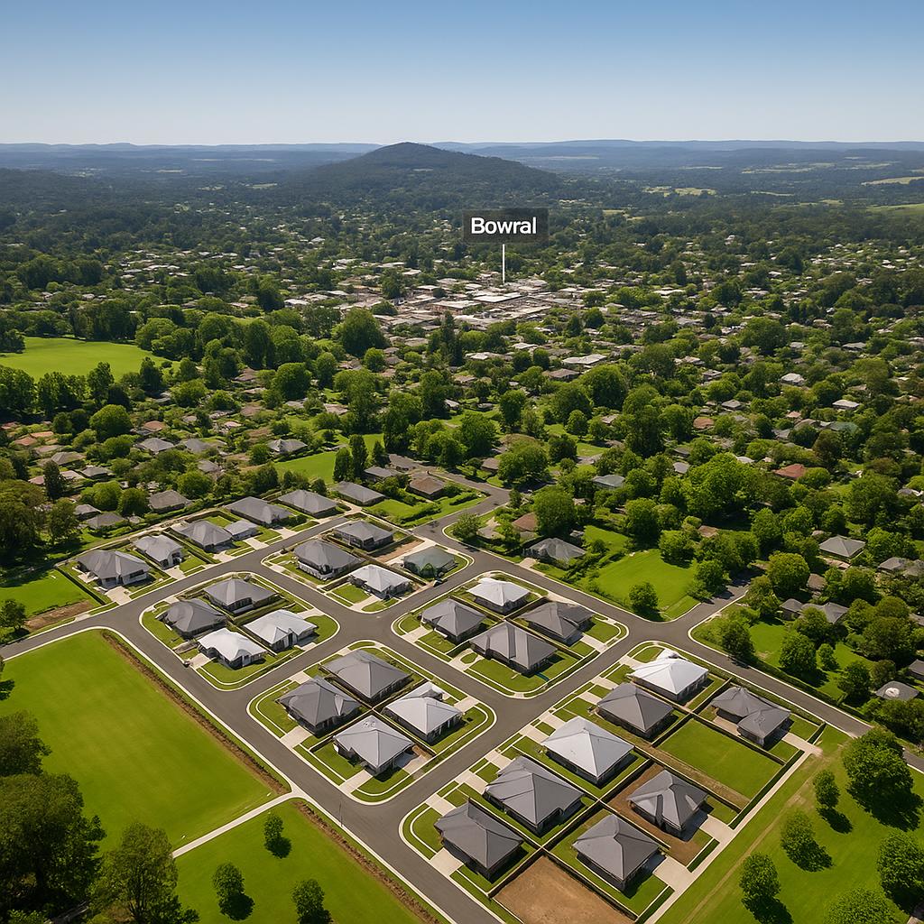 Aerial view of Bowral with new residential buildings