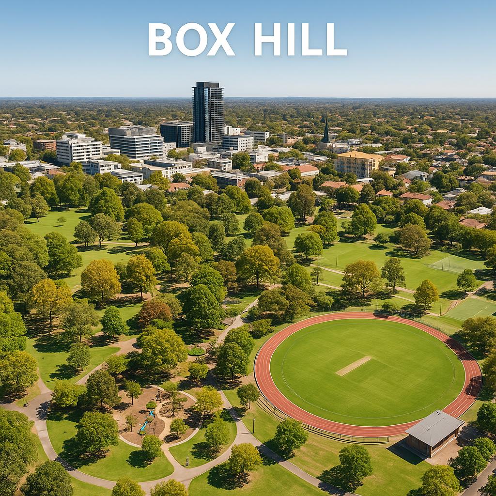 Aerial view of Box Hill with parks and community spaces