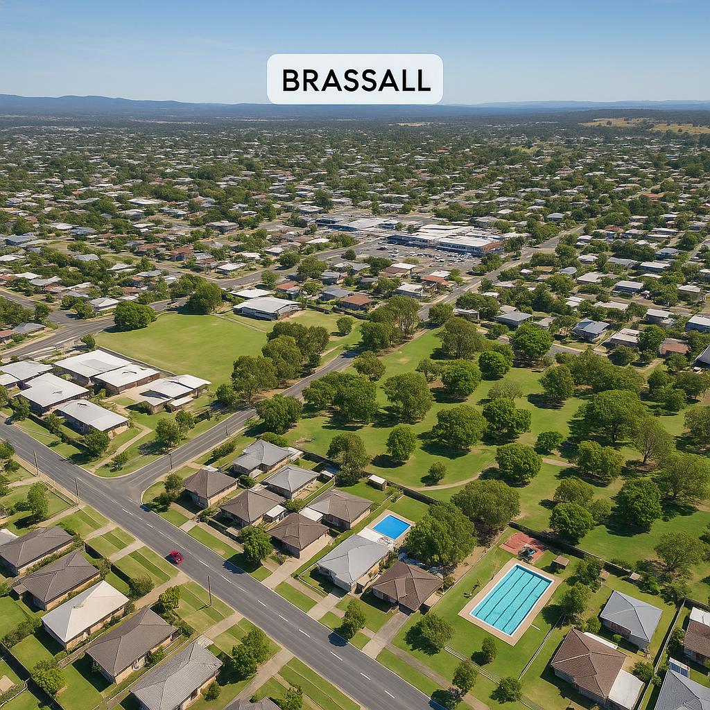 Aerial view of Brassall highlighting amenities and housing