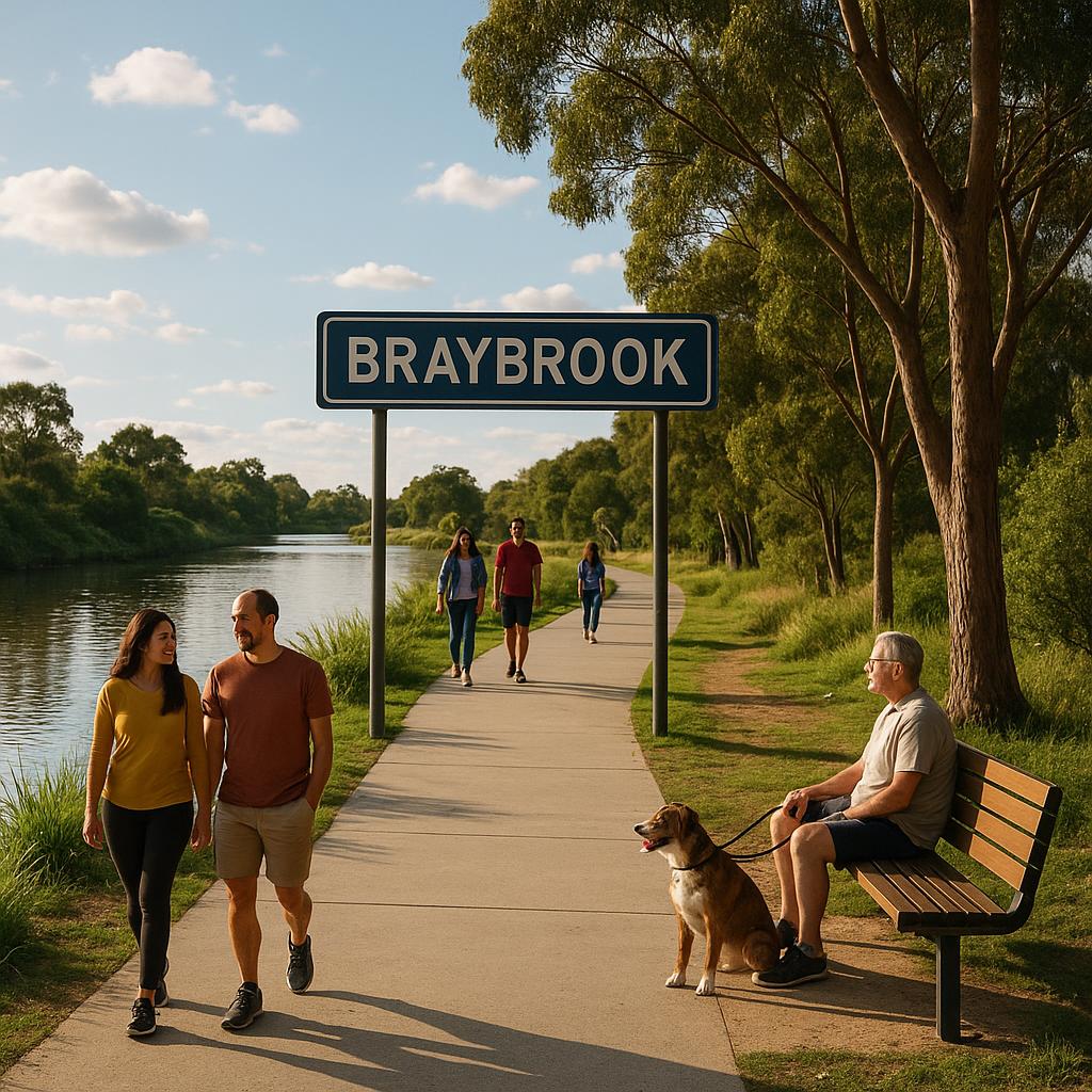 Waterfront walk in Braybrook with people enjoying the scenery.