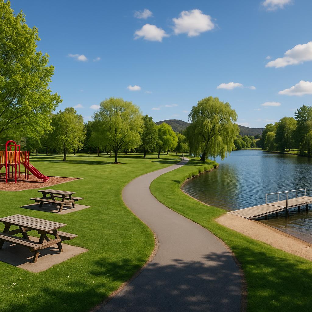 A scenic waterfront view in Bright with parks and families enjoying outdoors.