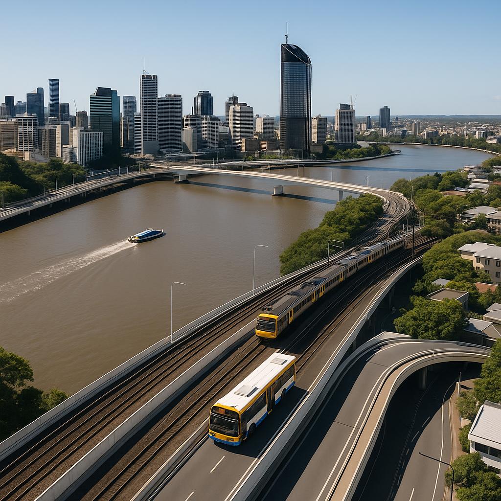 Aerial view of Brisbane City with transport hubs visible