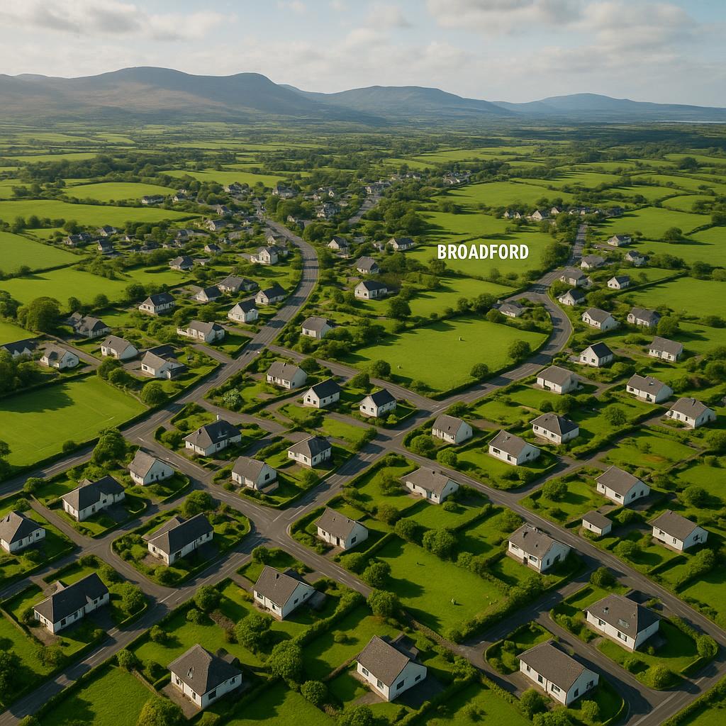 Aerial view of Broadford's green areas and homes