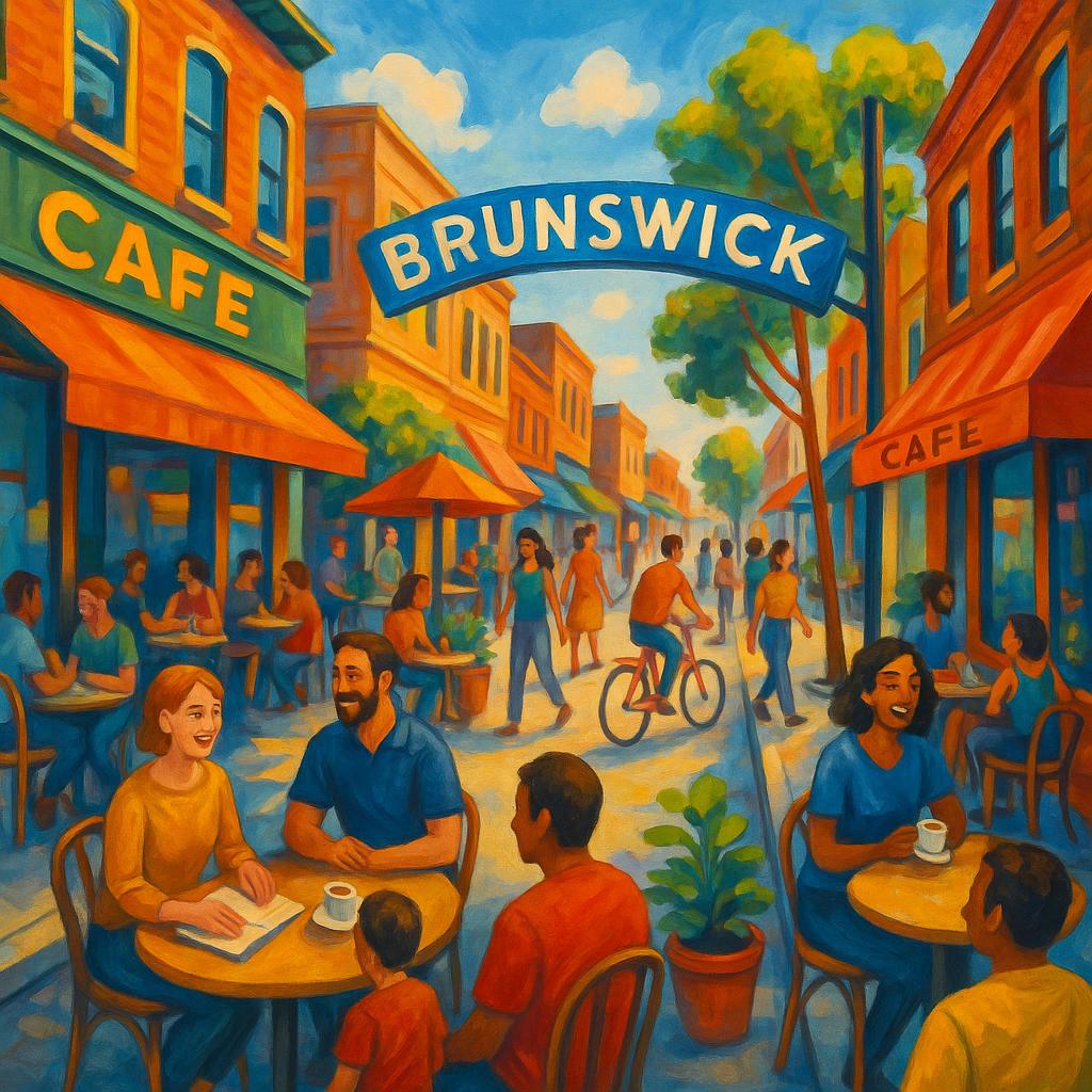 Street view of Brunswick with cafes and community scene