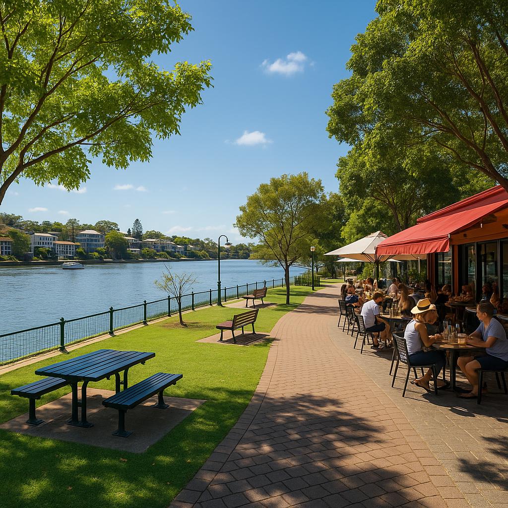 Waterfront cafes and parks in Bulimba