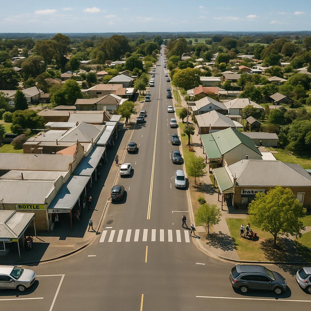Aerial view of Bunyip village with shops and parks