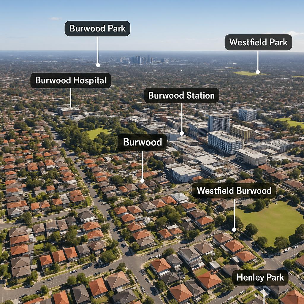 Aerial view of Burwood with parks and amenities
