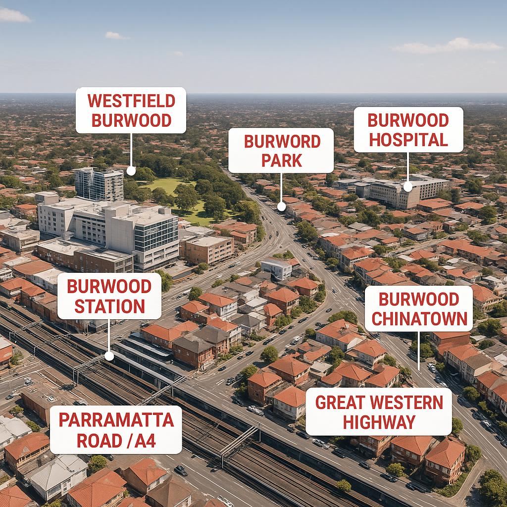 Aerial view of Burwood with transport and amenities