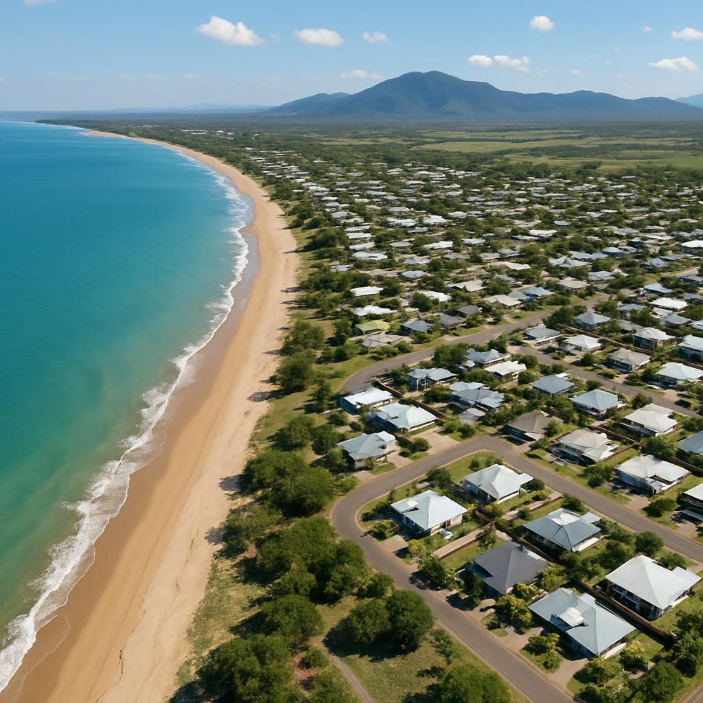 Aerial view of Bushland Beach with coastline and residential areas.