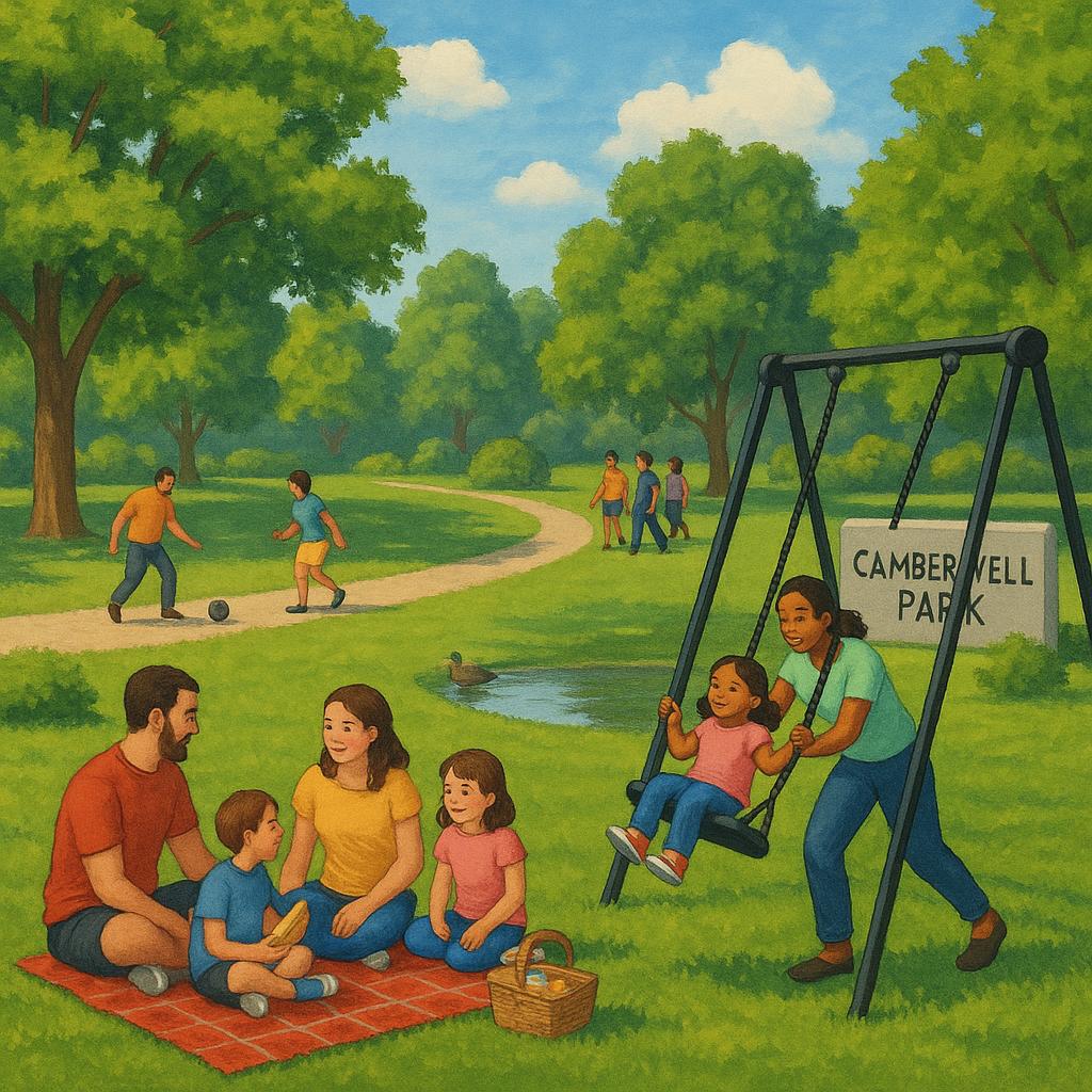 Camberwell park with families enjoying outdoors