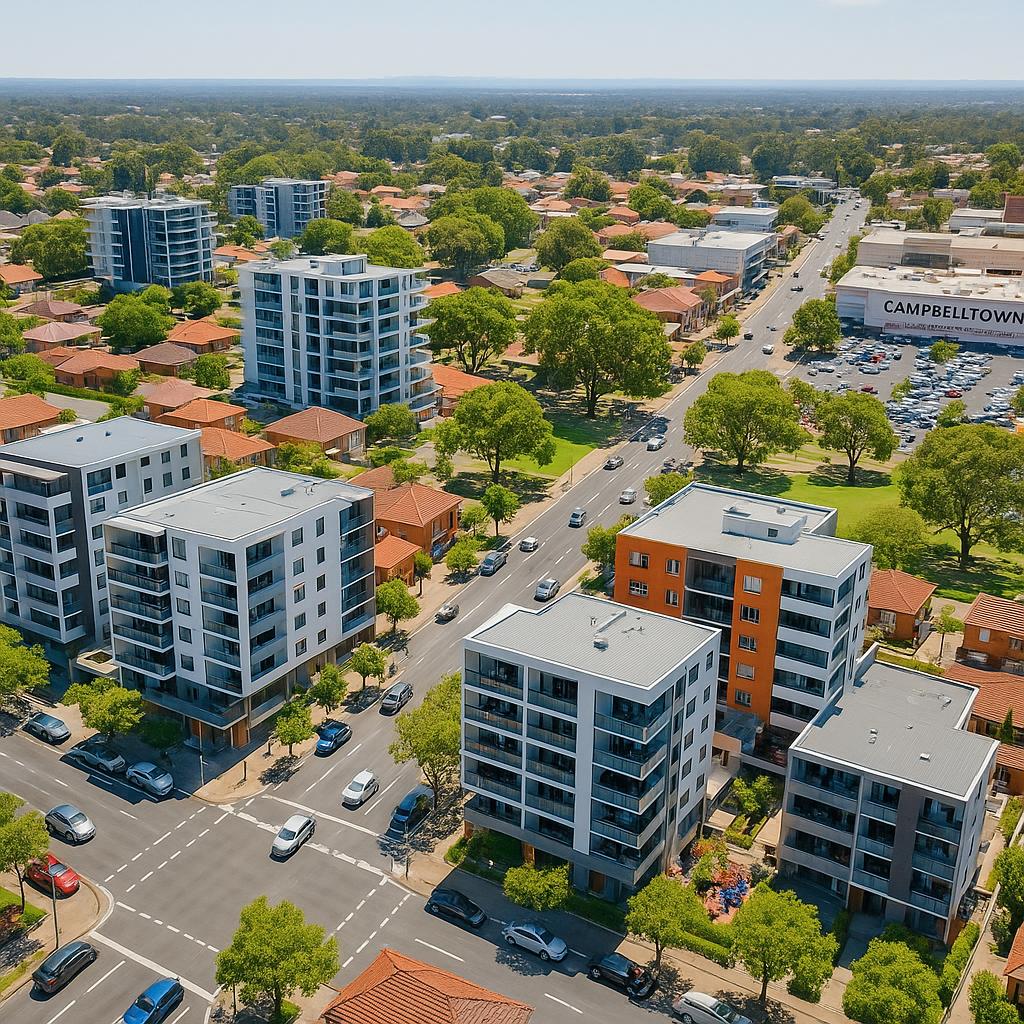 Aerial view of Campbelltown showing residential areas and amenities.
