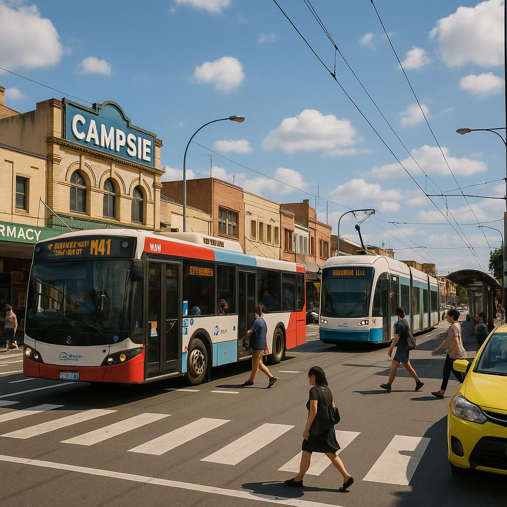Public transport scene in Campsie with buses and trains.