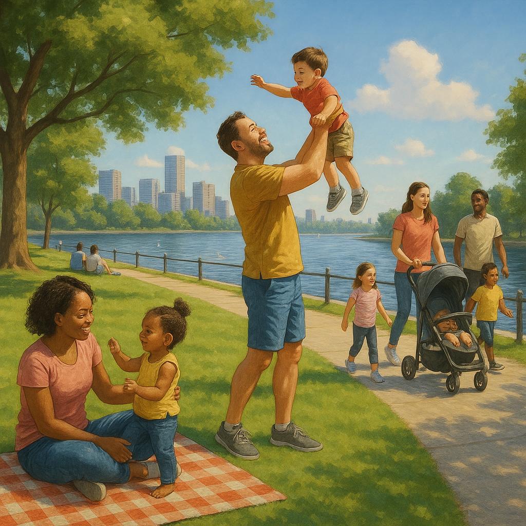 Families enjoying recreational activities at the waterfront park in Canterbury