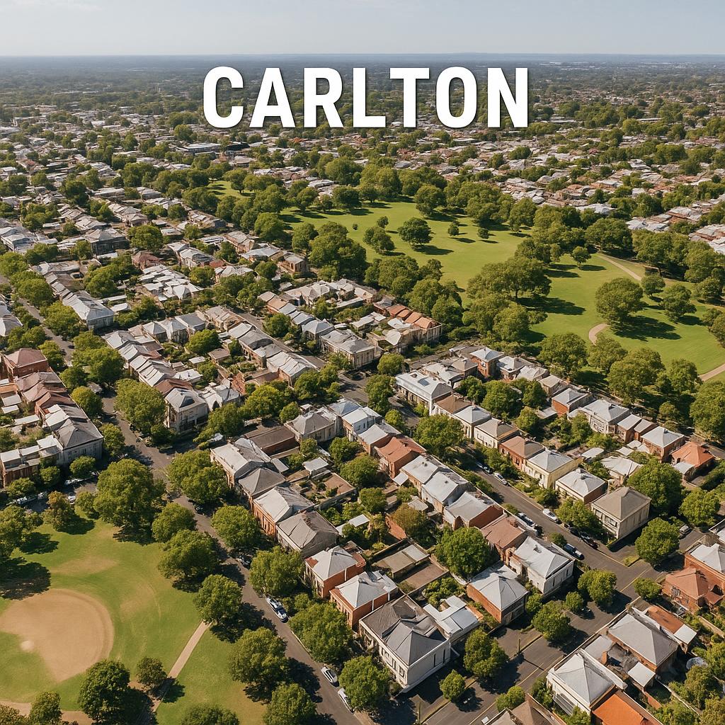 Aerial view of Carlton, showcasing its residential charm and green spaces