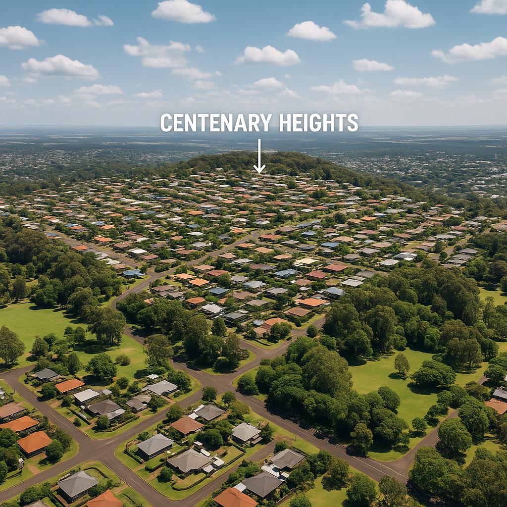 Aerial view of Centenary Heights with green parks and houses
