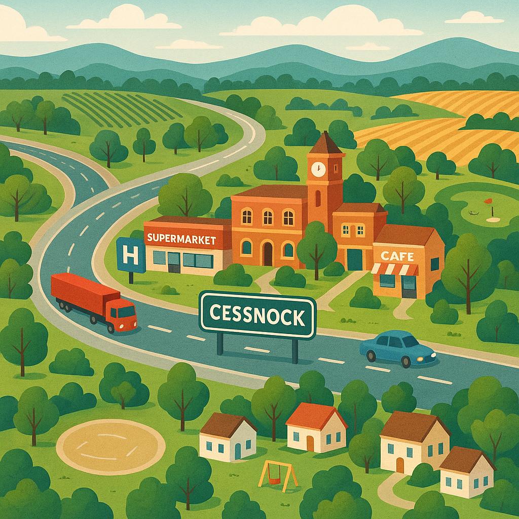 Scenic view of Cessnock with transport links