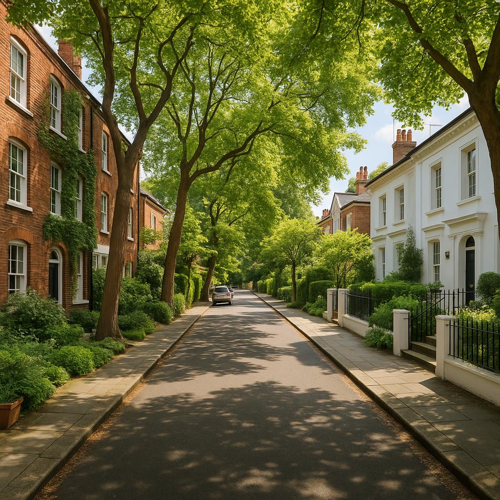 Quiet street in Chelsea with trees and homes