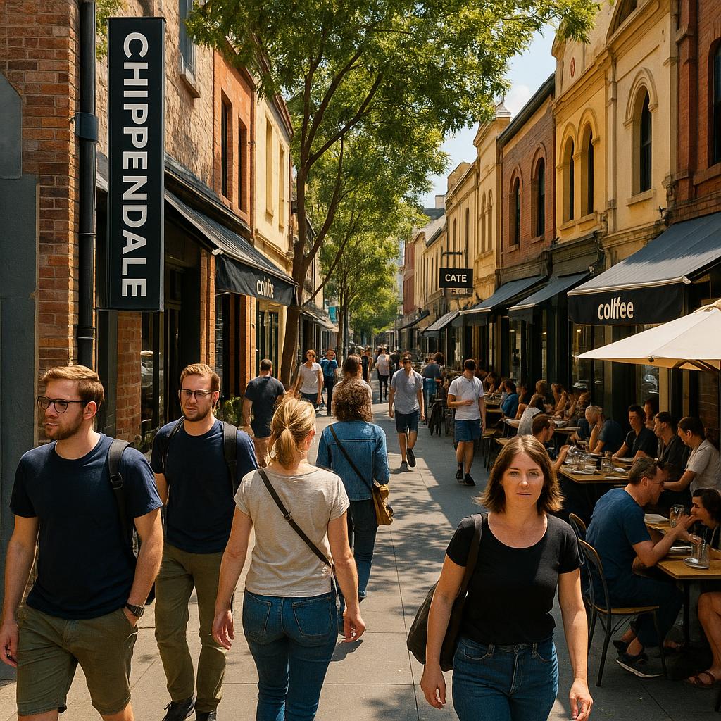 Chippendale street with cafes and pedestrians