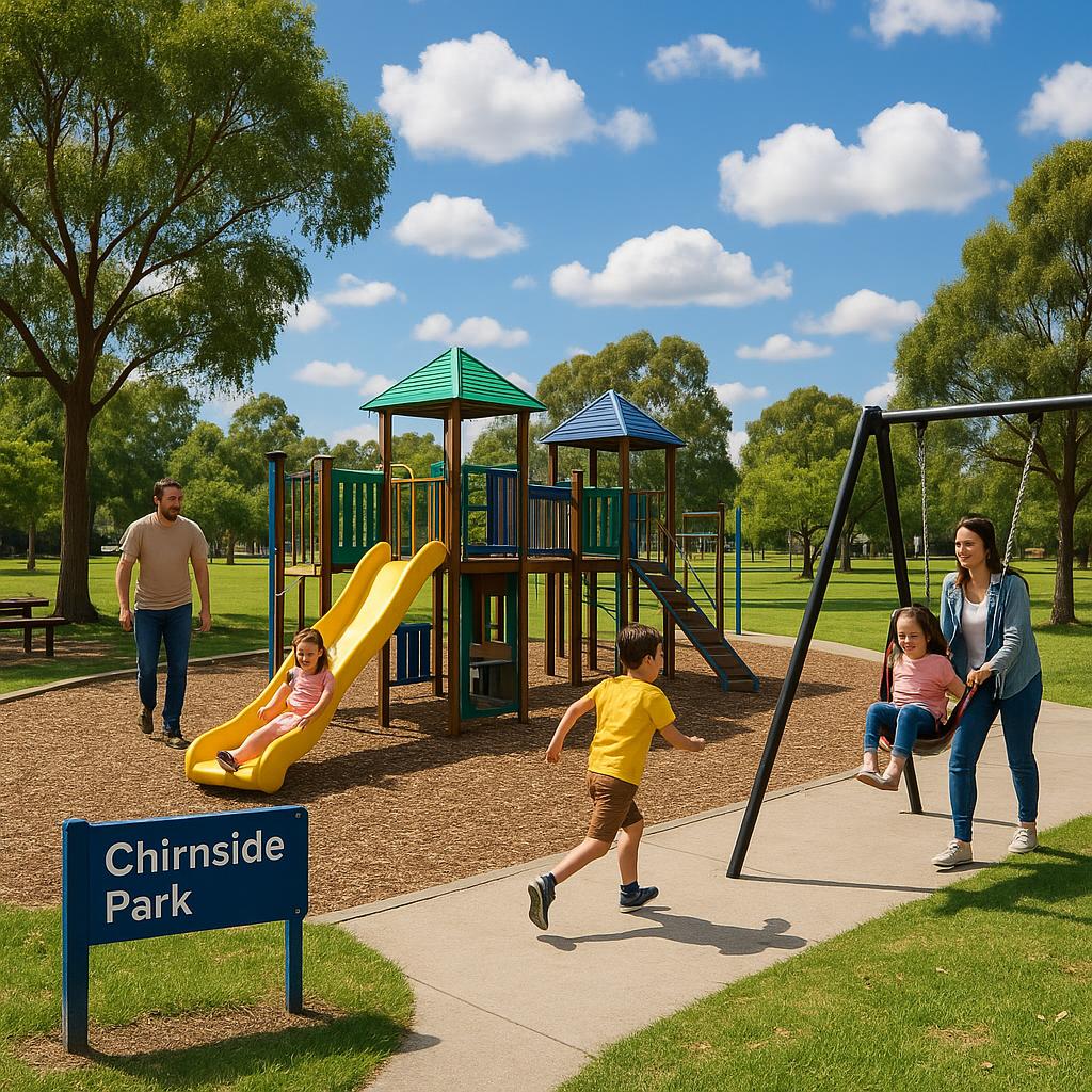 A green park area with families enjoying outdoor activities in Chirnside Park.