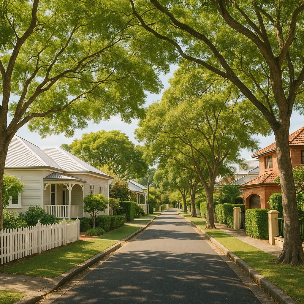 Clayfield street lined with trees and houses