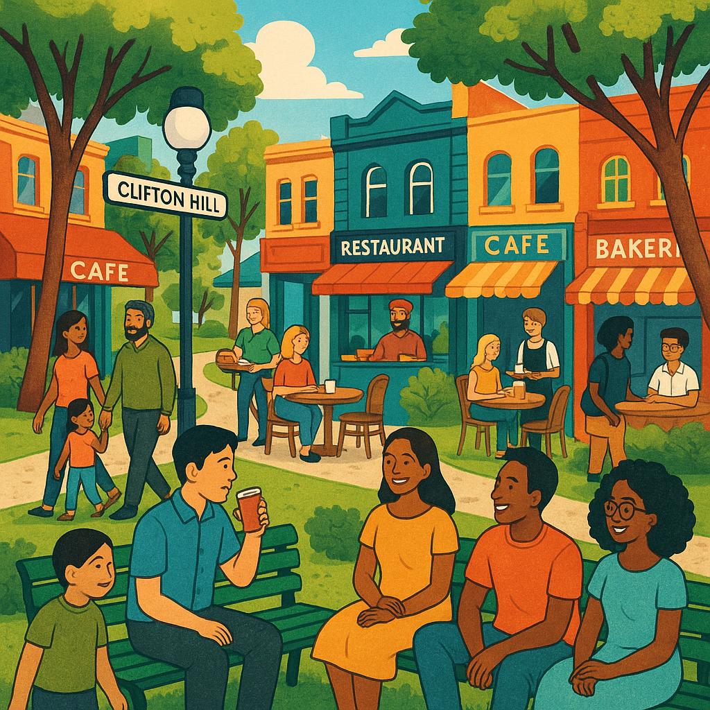 Vibrant scene in Clifton Hill showcasing parks and local cafes